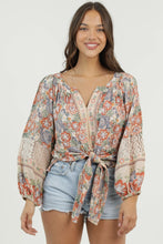 Load image into Gallery viewer, 6597- V Neck Lace Sleeve Tie Front Top
