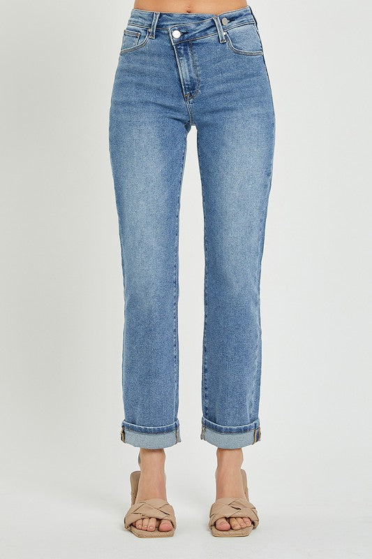 3465-HIGH RISE CROSS OVER STRAIGHT LEG JEANS
