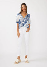 Load image into Gallery viewer, 5192-Short Puff Sleeve V-Split Neck Top with Lace Trim-BLUE
