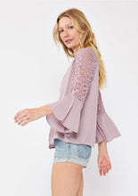 Load image into Gallery viewer, 5083- Crochet Lace Bell Sleeve Button Front Top-LAVENDER
