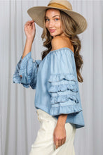 Load image into Gallery viewer, 5938-Off the Shoulder 4Tiers Ruffle Sleeve Chambray Top
