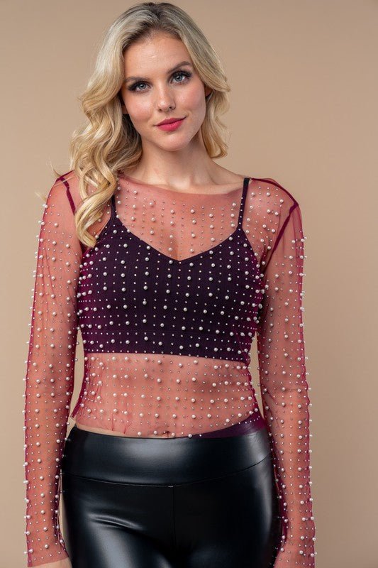 4742-Long Sleeve Metalic Mesh Top-WINE