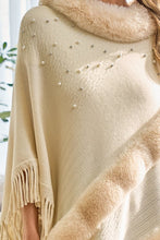 Load image into Gallery viewer, 3734-FAUX FUR TRIM PEARL EMBELLISHED SOLID PONCHO
