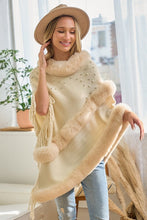 Load image into Gallery viewer, 3734-FAUX FUR TRIM PEARL EMBELLISHED SOLID PONCHO
