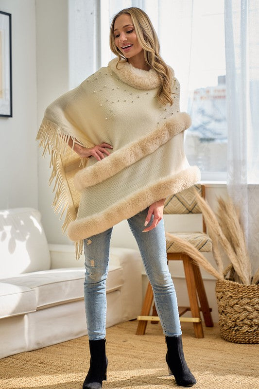 3734-FAUX FUR TRIM PEARL EMBELLISHED SOLID PONCHO