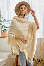 Load image into Gallery viewer, 3734-FAUX FUR TRIM PEARL EMBELLISHED SOLID PONCHO
