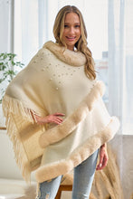 Load image into Gallery viewer, 3734-FAUX FUR TRIM PEARL EMBELLISHED SOLID PONCHO
