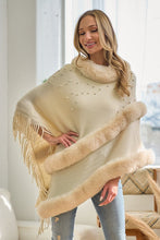 Load image into Gallery viewer, 3734-FAUX FUR TRIM PEARL EMBELLISHED SOLID PONCHO
