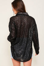 Load image into Gallery viewer, 3892-Oversized sequin button down top with satin trim
