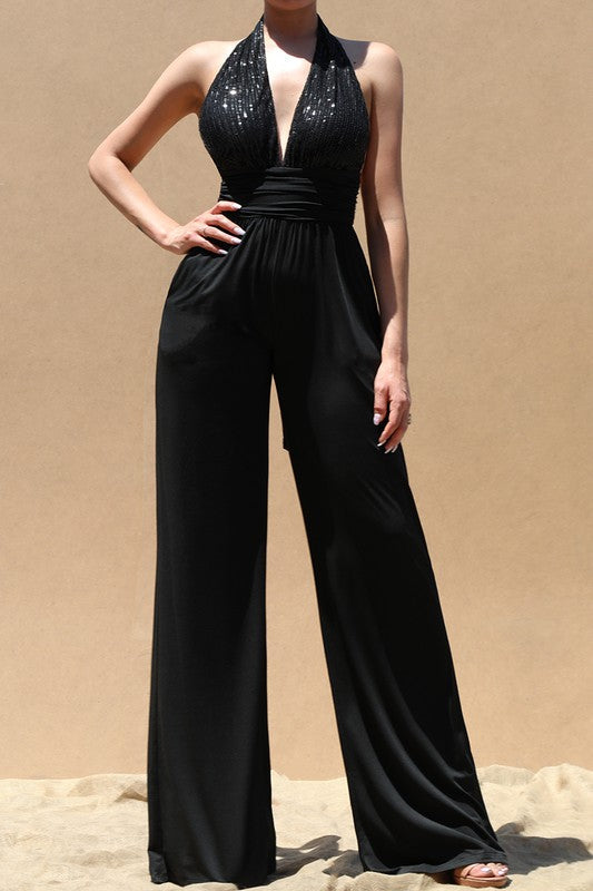 3844-SEQUIN HALTER VENETIAN JUMPSUIT  -BLACK