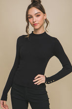 Load image into Gallery viewer, 4793-Fitted Ribbed Knit Sweater with Sleeve Buttons-BLACK
