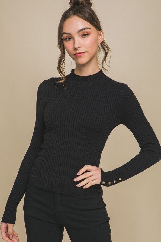 4793-Fitted Ribbed Knit Sweater with Sleeve Buttons-BLACK