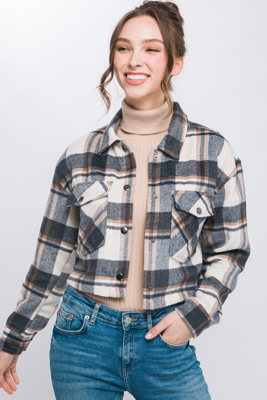 5412-Plaid Cropped Button Down Jacket-CHARCOAL