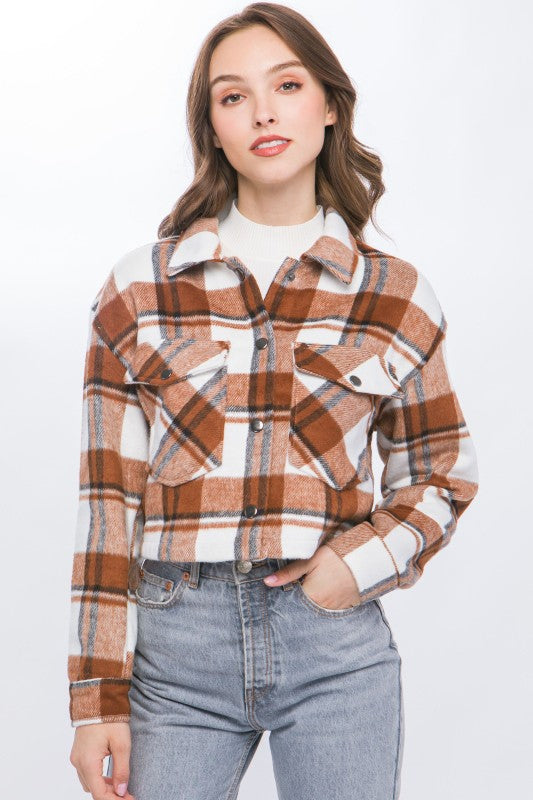 5413-Plaid Cropped Button Down Jacket-TERRA