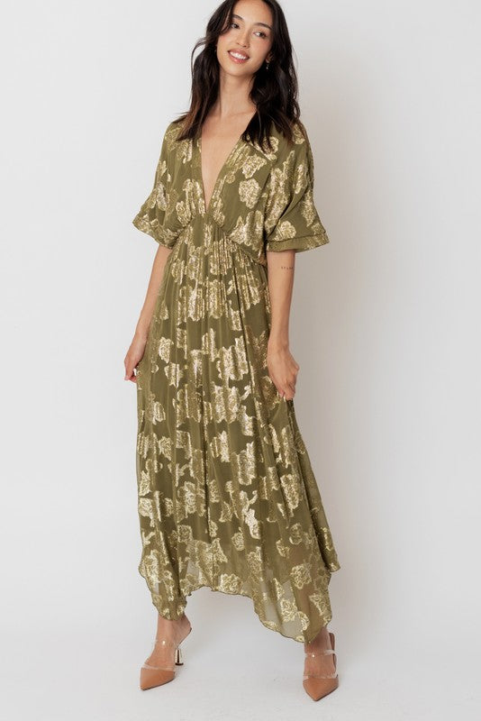 3845-V-Neck Kimono Sleeve Maxi Dress with Lurex-OLIVE