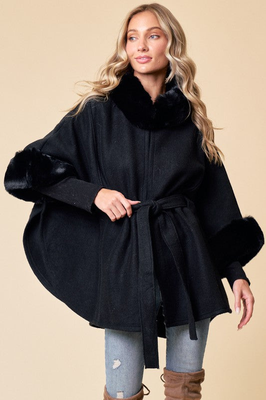 4686-Black Solid Poncho Taupe Faux Fur Trim-BLACK