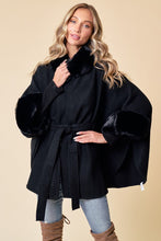 Load image into Gallery viewer, 4686-Black Solid Poncho Taupe Faux Fur Trim-BLACK
