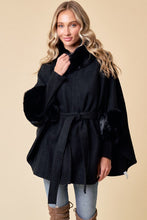 Load image into Gallery viewer, 4686-Black Solid Poncho Taupe Faux Fur Trim-BLACK
