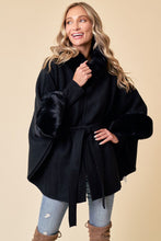 Load image into Gallery viewer, 4686-Black Solid Poncho Taupe Faux Fur Trim-BLACK
