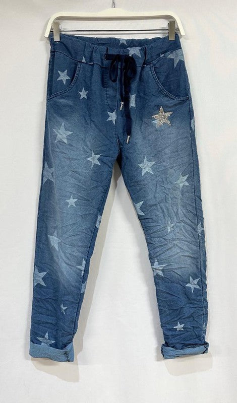 3645-STAR PRINT DENIM CRINKLE JOGGER