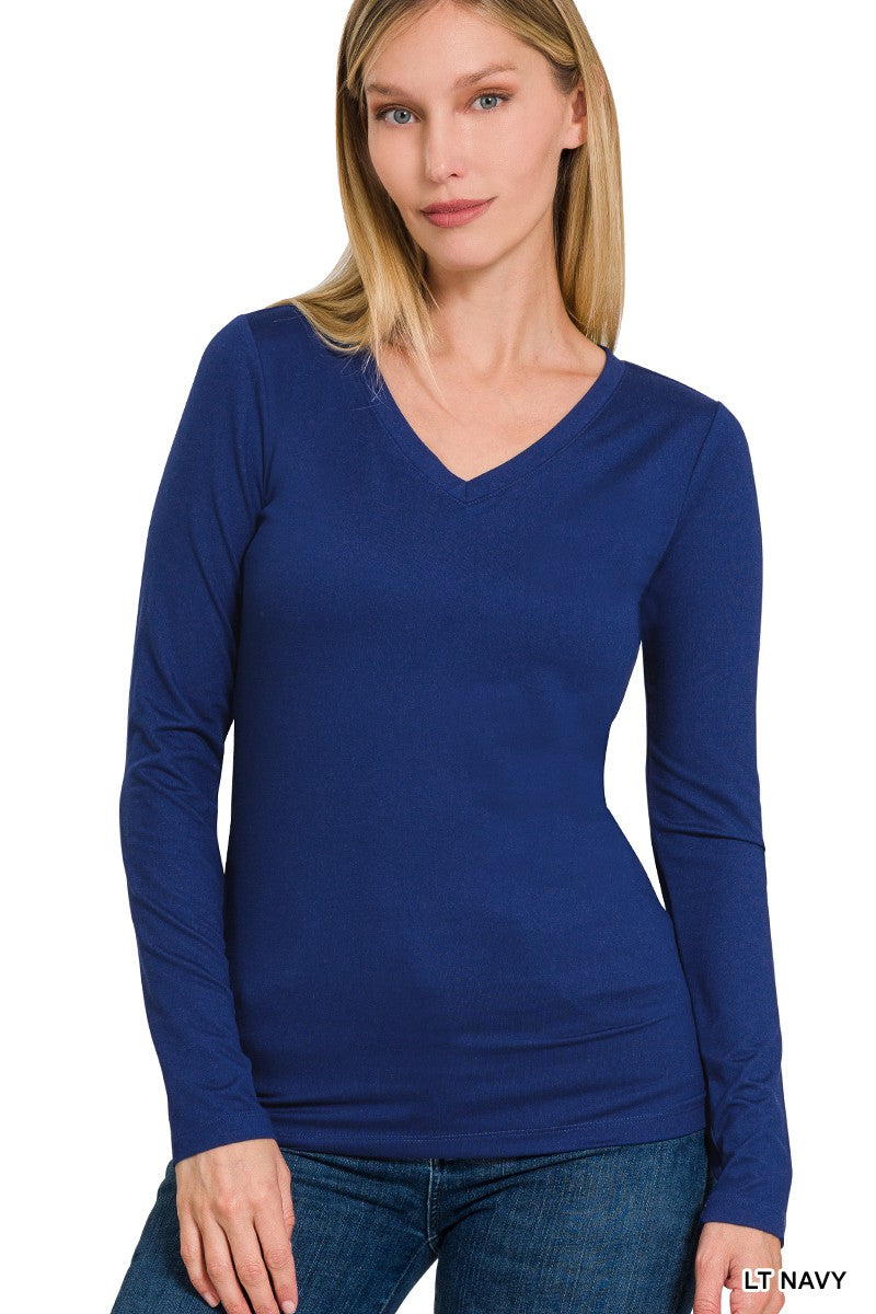 4577-BRUSHED MICROFIBER LONG SLEEVE V-NECK TEE-LT NAVY