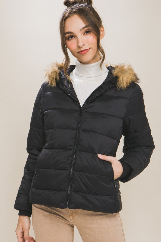 3708-Puffer Jacket With Faux Fur Hoodie Lining-BLACK