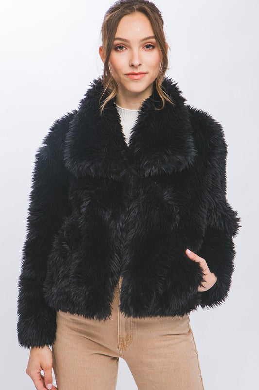 4789-Mid Waist Faux Fur Coat-BLACK