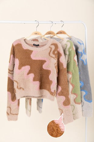 3901- Multi Color Wave Pattern Fuzzy Knit Sweater Top-MOCHA