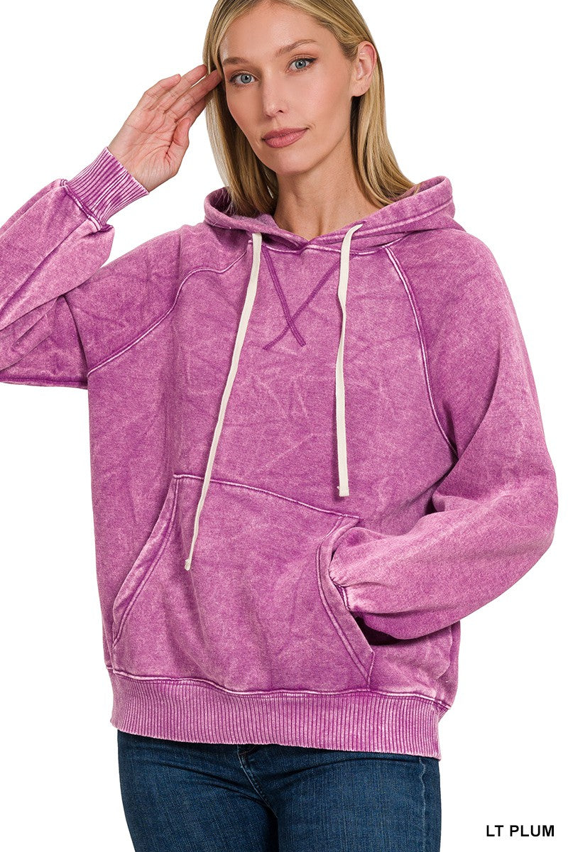 4916-ACID WASH FLEECE HOODIE WITH POCKETS-LT PLUM