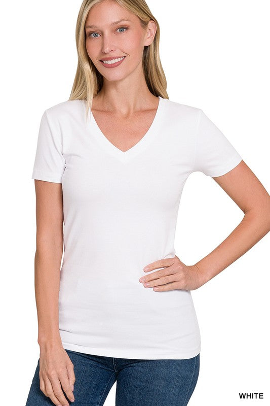 4174-BASIC COTTON V-NECK SHORT SLEEVE Tee-WHITE