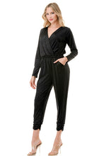 Load image into Gallery viewer, 5437-Ls Surplice Textured Jogger Jumpsuit-BLACK
