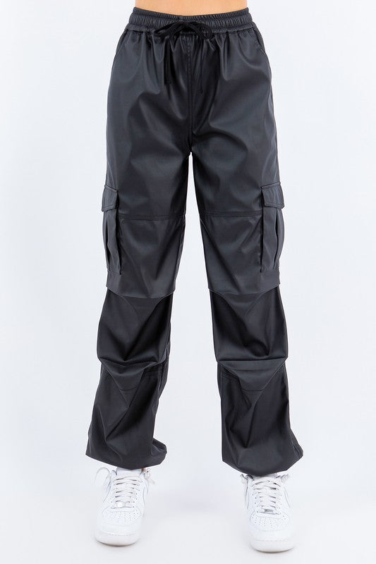 3702-FAUX LEATHER CARGO POCKET JOGGERS