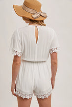 Load image into Gallery viewer, 5092-Wrap Floral Lace Trimmed Drawstring Romper-IVORY
