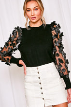 Load image into Gallery viewer, 4783-Organza Flower Puff Sleeve Soft Thin Knit Sweater -BLACK
