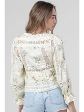 Load image into Gallery viewer, 5821-Lace Trim tie front long sleeve top-cream
