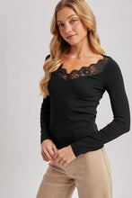 Load image into Gallery viewer, 6713- V-Neck Lace Trim Ribbed Knit Long Sleeve Top
