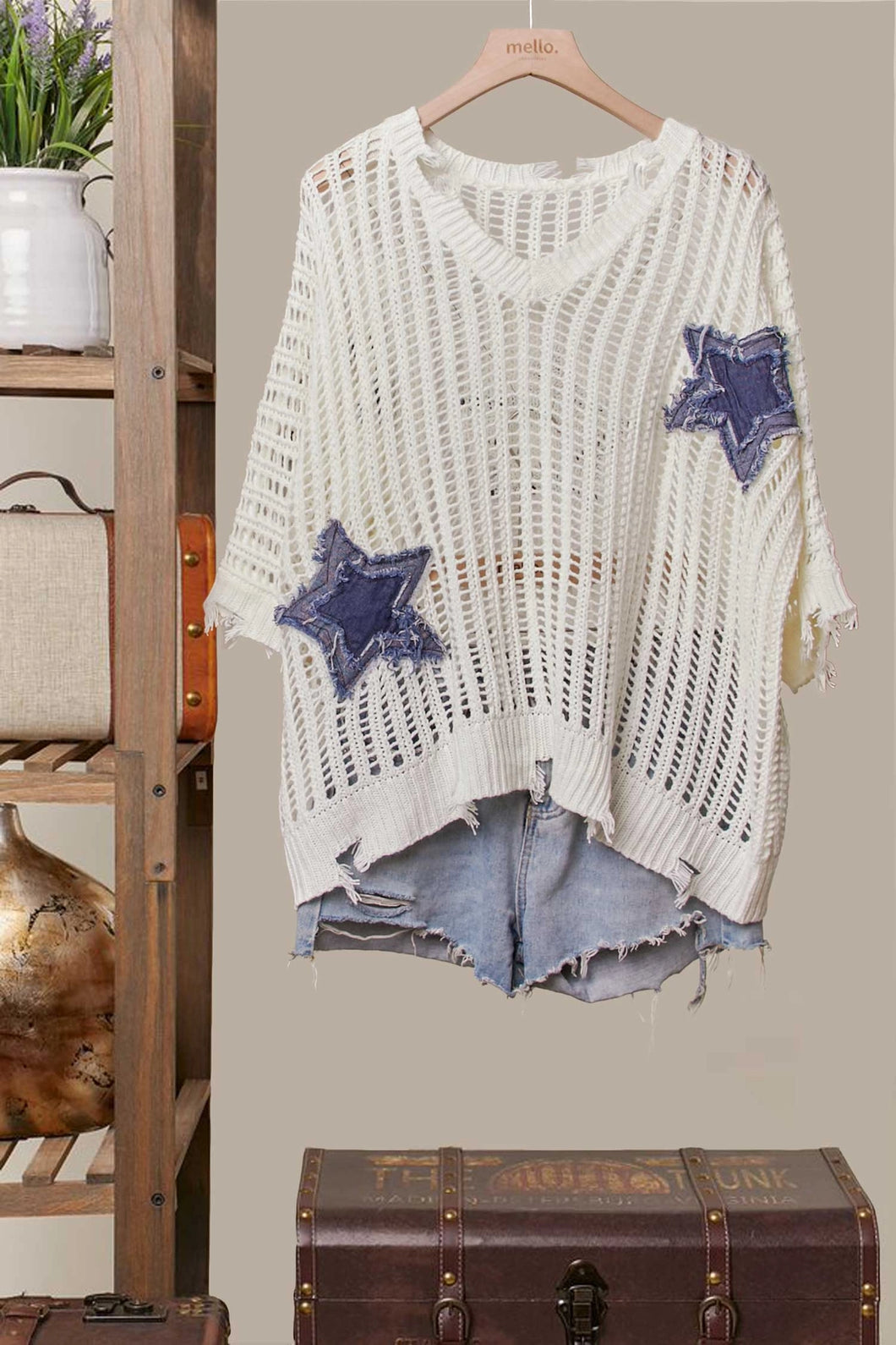5345-Distressed Star Knit Pullover-CREAM