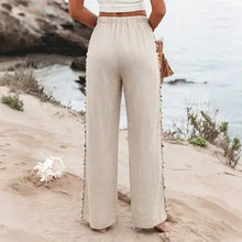 Load image into Gallery viewer, 6113- Women Drawstring Side Detail Wide Leg Beach Pants-KHAKI
