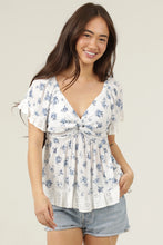 Load image into Gallery viewer, 6082- Eyelet Embroidery Ruffle Trim Twist Front Top-SHORT SLV
