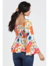 Load image into Gallery viewer, 5818-Neck Smocked Bust Wide Bell Sleeve Floral Blouse-ORANGE
