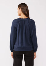 Load image into Gallery viewer, 5440-Sequin Long Sleeve Tassel Tie Neck Blouse-MIDNIGHT NAVY
