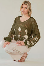 Load image into Gallery viewer, 5235-Crochet V Neck Long Sleeve Knit Sweater Top-OLIVE
