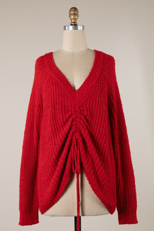 4745-Reversible V Neck Front Drawstring Sweater-RED