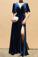 Load image into Gallery viewer, 3839-V NECK VELVET MAXI DRESS-NAVY
