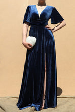 Load image into Gallery viewer, 3839-V NECK VELVET MAXI DRESS-NAVY
