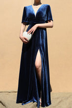 Load image into Gallery viewer, 3839-V NECK VELVET MAXI DRESS-NAVY
