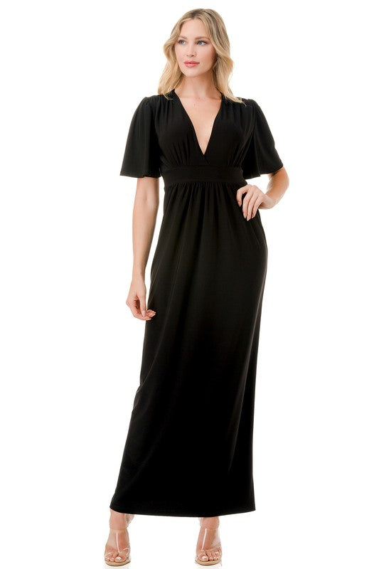 5434-Flutter Sleeve Maxi Dress-BLACK