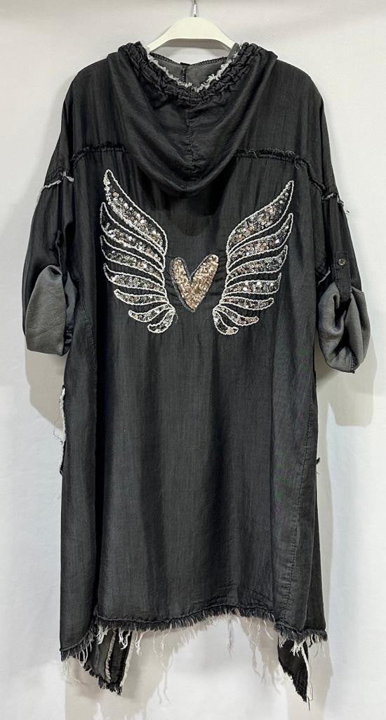 4511-SEQUIN WINGS AND HEART RAW EDGE CARDIGAN HOODIE