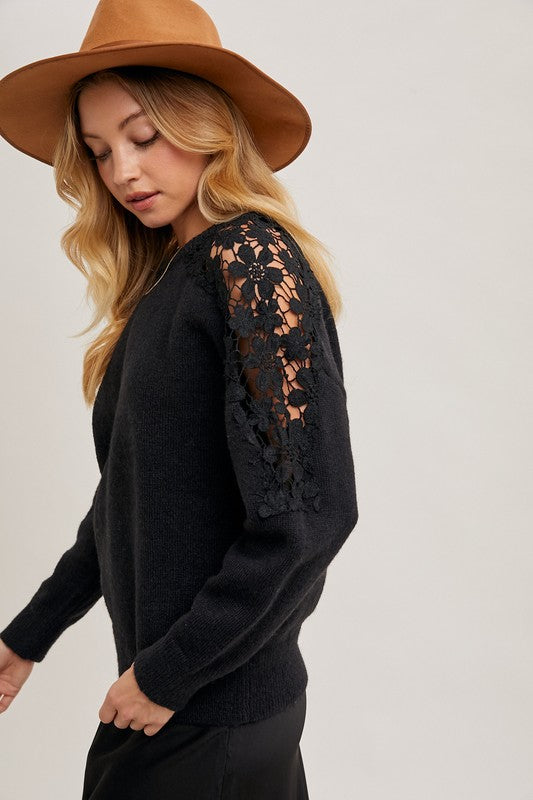 4761-CROCHET CONTRAST KNIT SWEATER PULLOVER-BLK