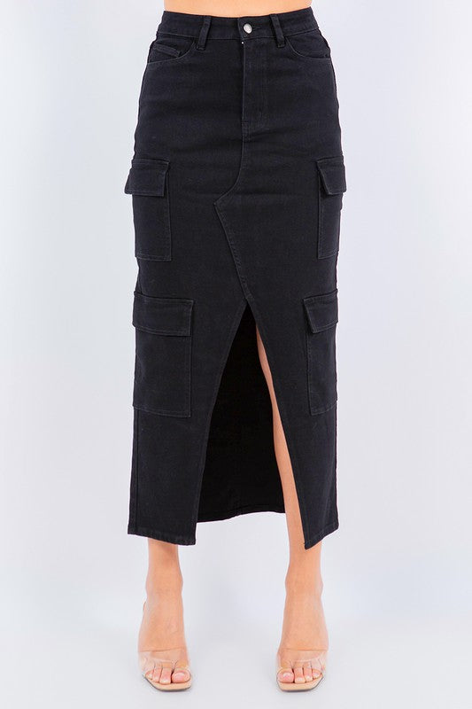 3704-CARGO POCKET DENIM MAXI SKIRTS-BLACK